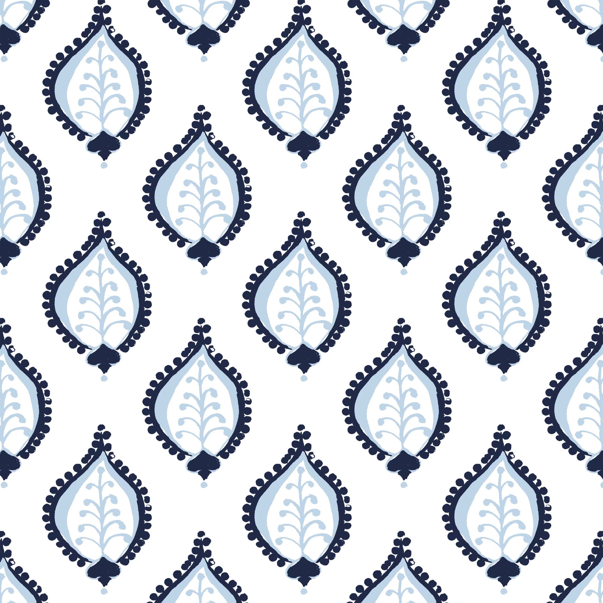 Pattern of blue and white decorative shapes on a white background
