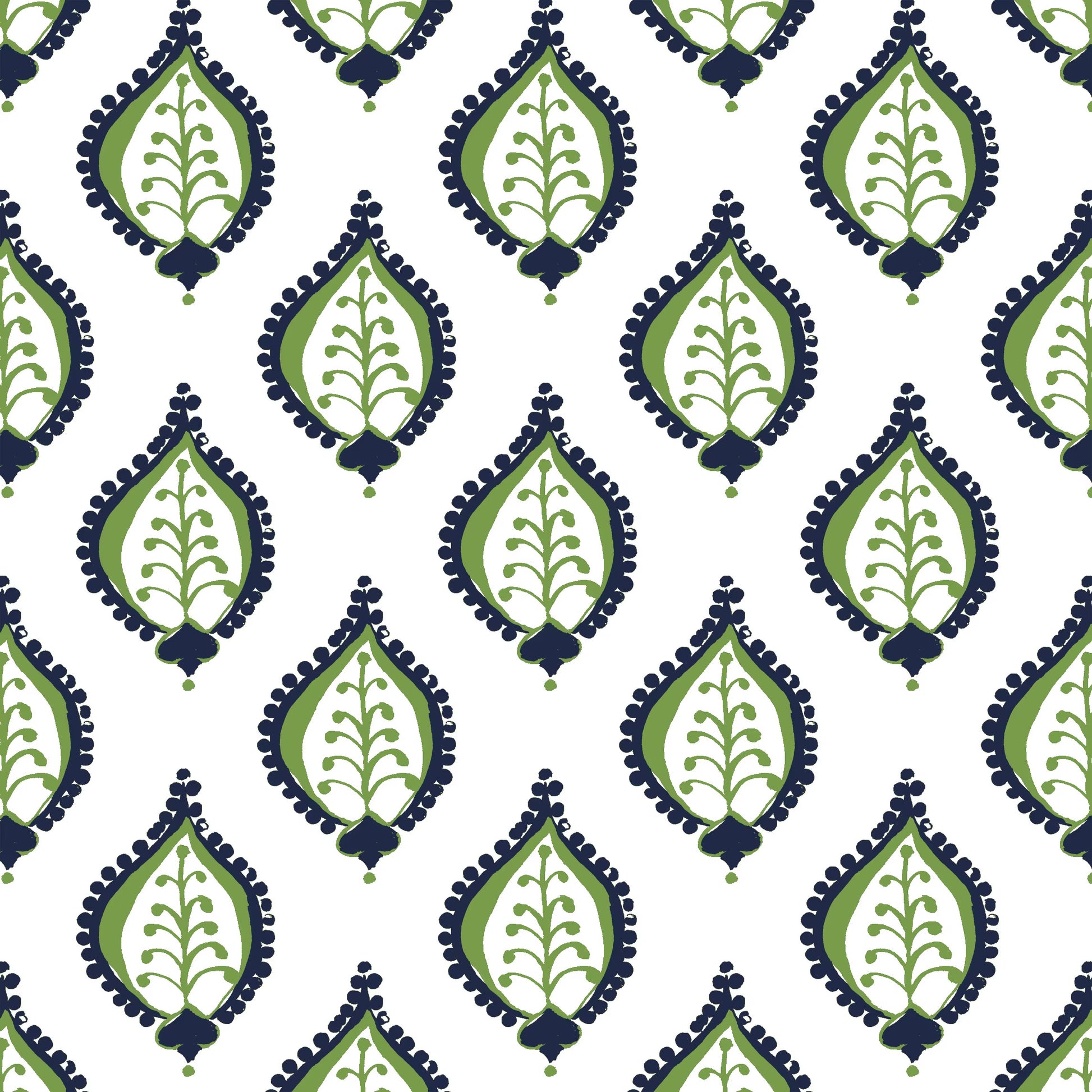 Pattern of green and navy geometric shapes on a white background