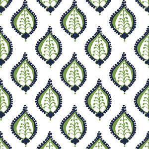 Pattern of green and navy geometric shapes on a white background
