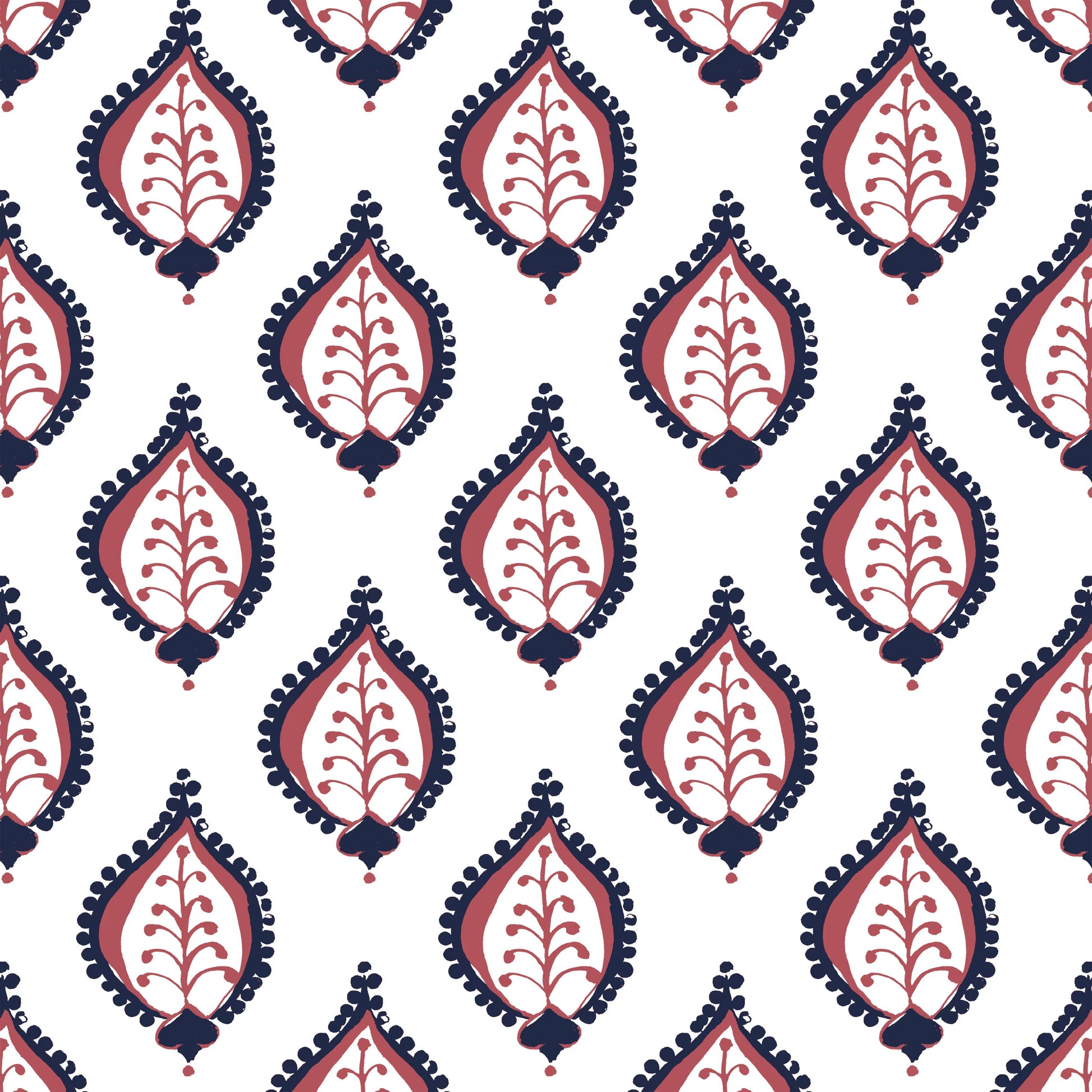 Patterned design with red and blue shapes on a white background