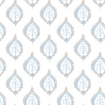 Patterned wallpaper with blue and gray design on a white background