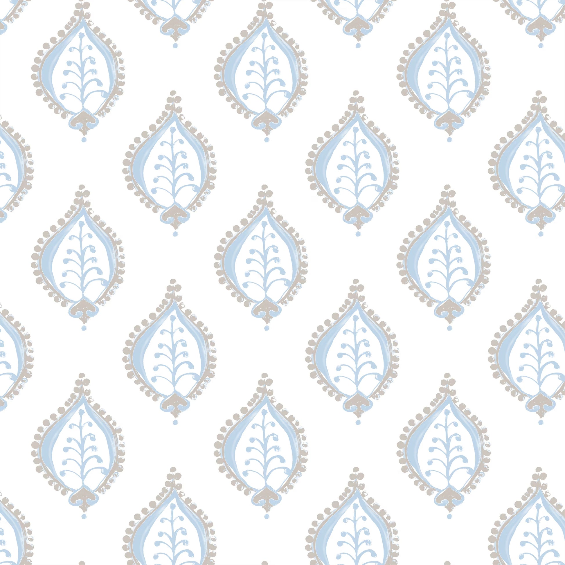 Patterned wallpaper with blue and gray design on a white background