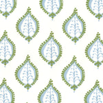 Pattern of green and blue decorative elements on a white background