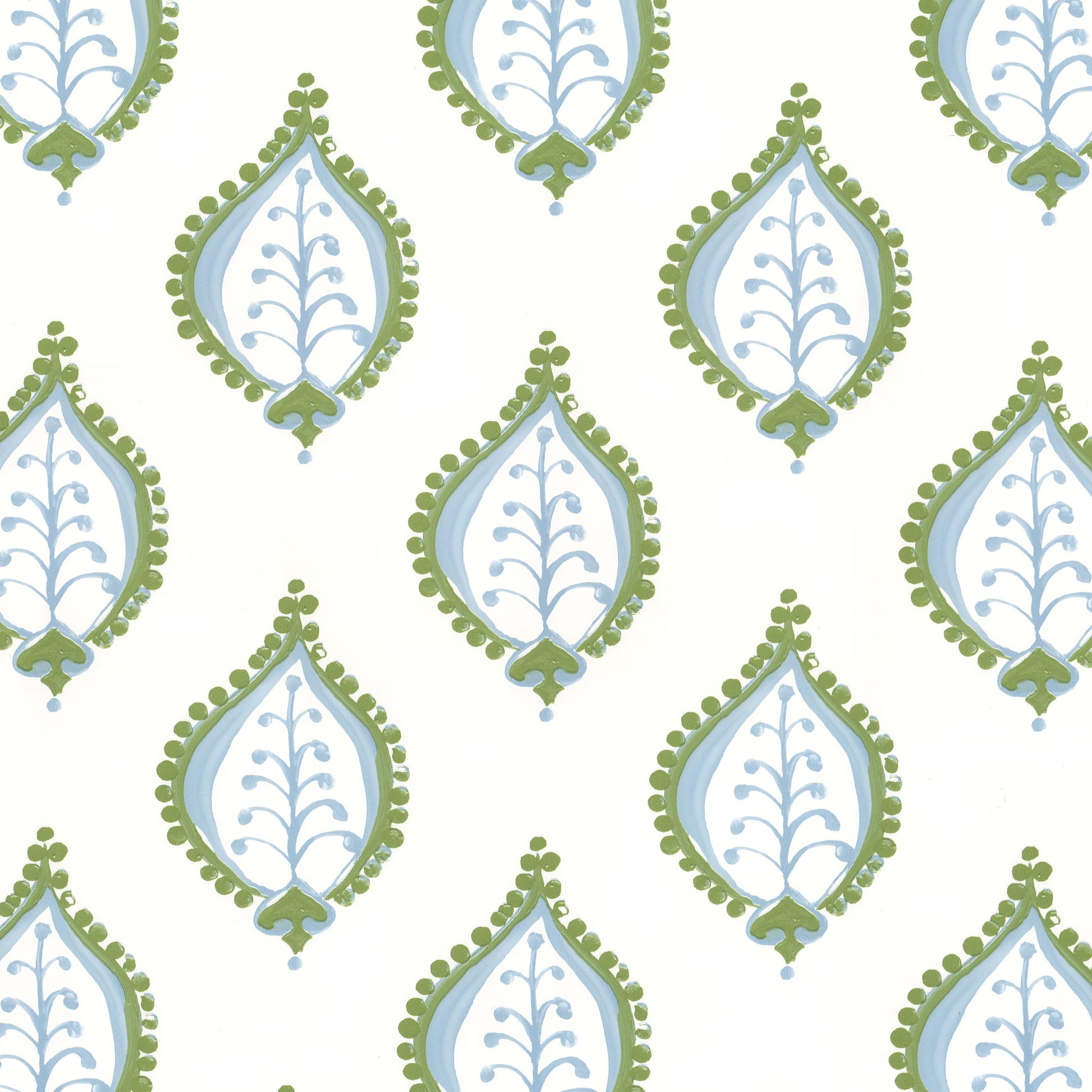 Pattern of green and blue decorative elements on a white background