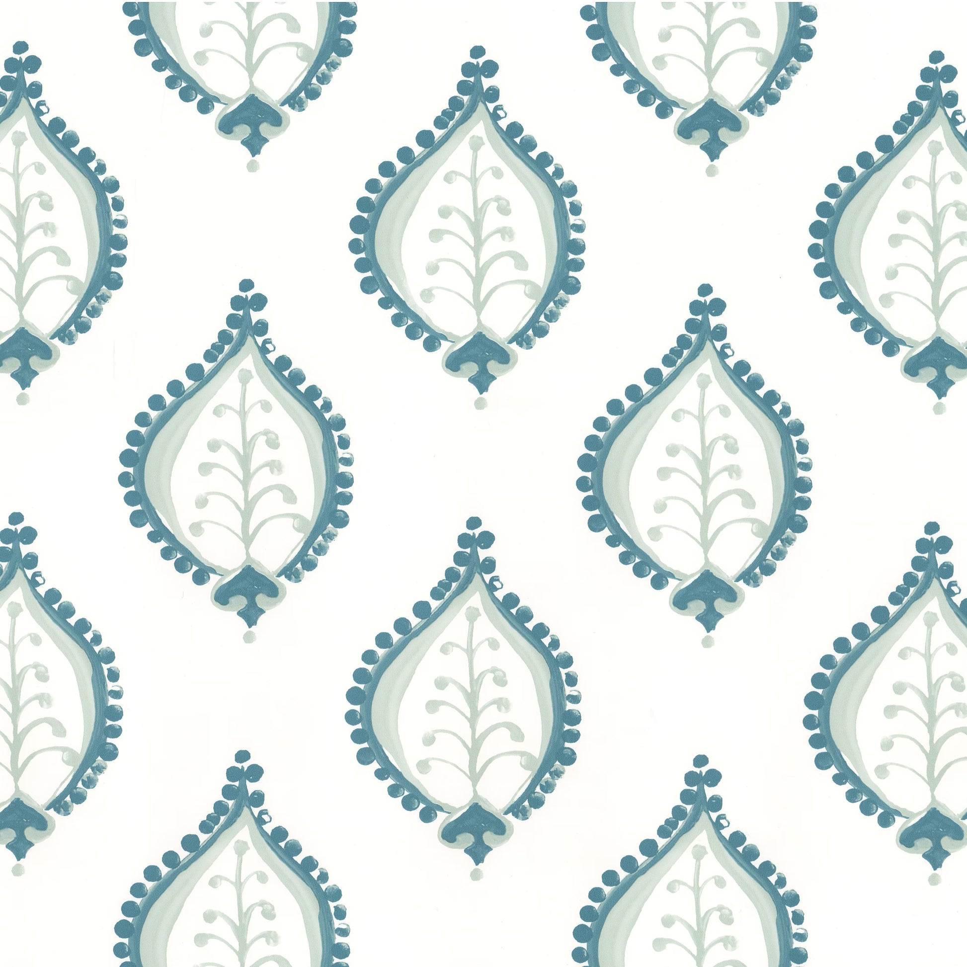Patterned design with blue and green shapes on a white background
