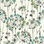 Floral pattern with teal, gray, and green flowers on a white background