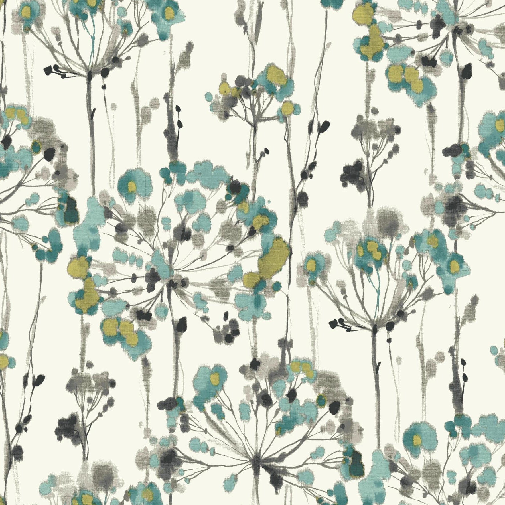 Floral pattern with teal, gray, and green flowers on a white background
