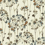 A repeating floral pattern featuring watercolor-style dandelion-like blooms in muted blue-gray, brown, and tan on a warm off-white background.