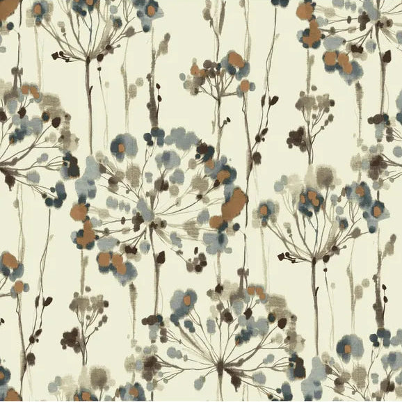 A repeating floral pattern featuring watercolor-style dandelion-like blooms in muted blue-gray, brown, and tan on a warm off-white background.