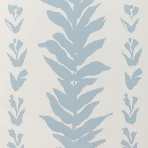 Decorative pattern with blue leaves and floral elements on a light gray background