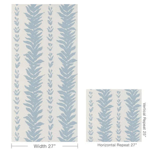 Patterned wallpaper swatch with blue leaf design on a white background