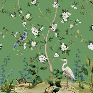 Nature-themed wallpaper with birds, flowers, and plants on a green background