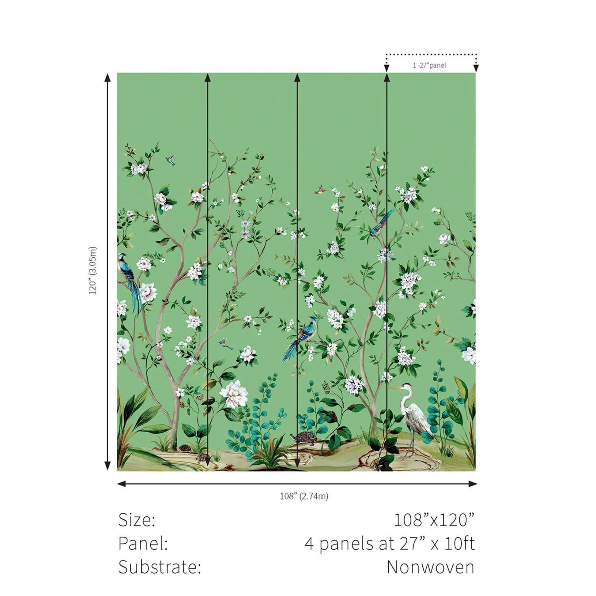 Wallpaper panel with floral and bird design on a green background, showing dimensions.