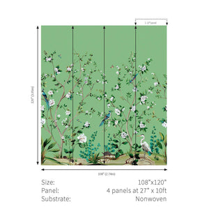 Wallpaper panel with floral and bird design on a green background, showing dimensions.