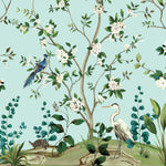 Wallpaper design with birds, flowers, and plants on a light blue background