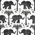 Pattern of black elephants, palm trees, on a white fabric
