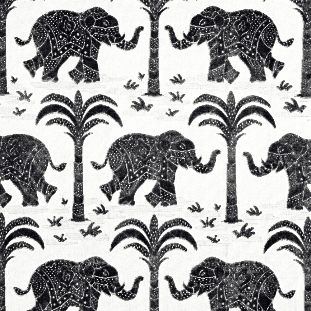 Pattern of black elephants, palm trees, on a white fabric