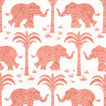 Pattern of pink elephants, palm trees on a white fabric