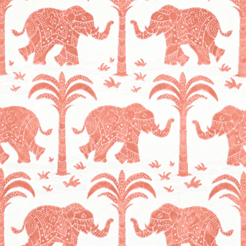Pattern of pink elephants, palm trees on a white fabric