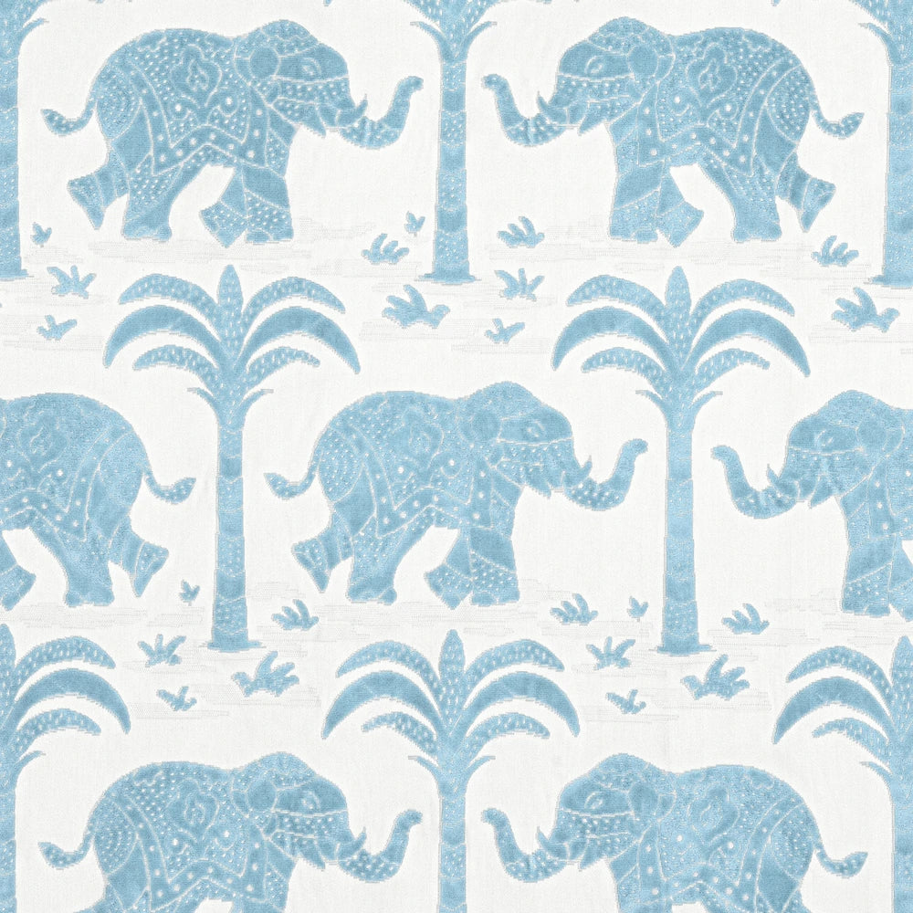 Pattern of blue elephants and palm trees on a white background