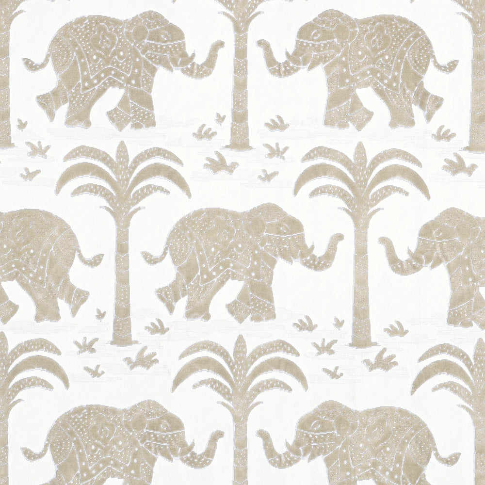 Pattern of beige elephants and palm trees on a white fabric 