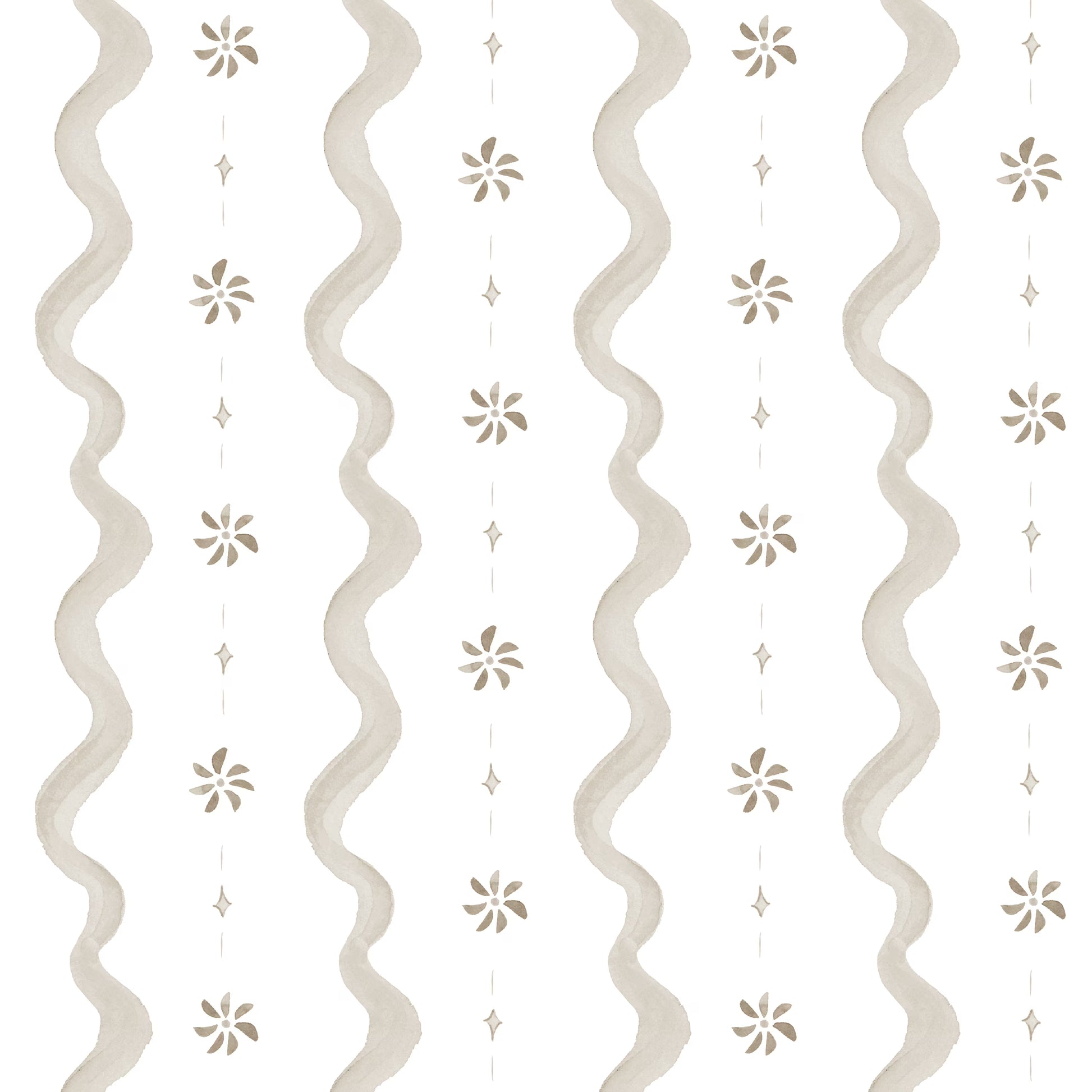 Decorative pattern with wavy lines and floral elements on a light background