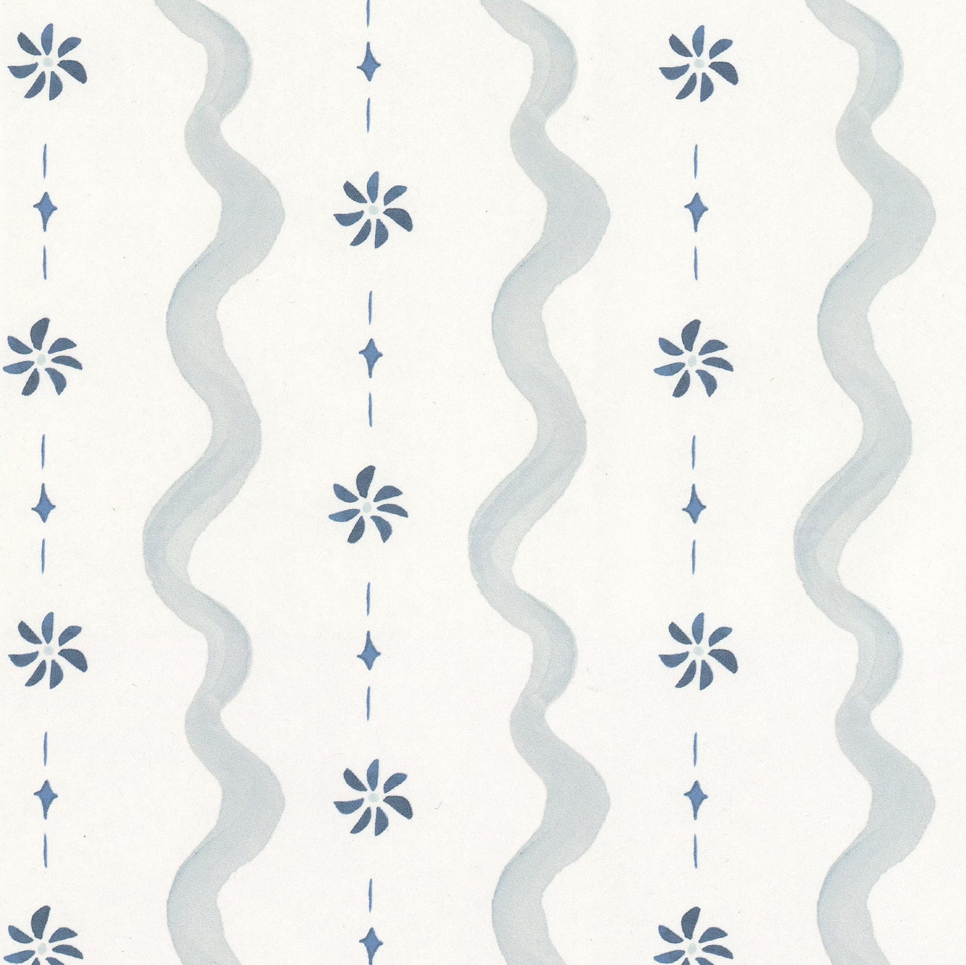 Decorative pattern with wavy lines and floral elements on a light blue background