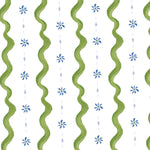 Pattern with green wavy lines and blue flowers on a white background