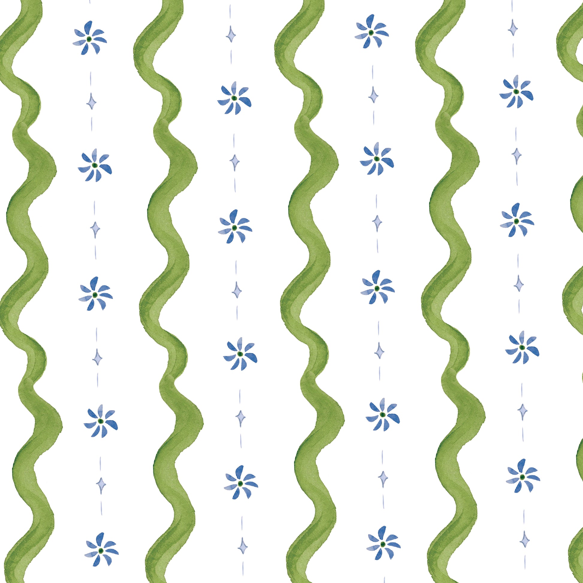 Pattern with green wavy lines and blue flowers on a white background