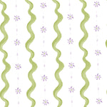 Decorative pattern with green wavy lines and small purple flowers on a white background