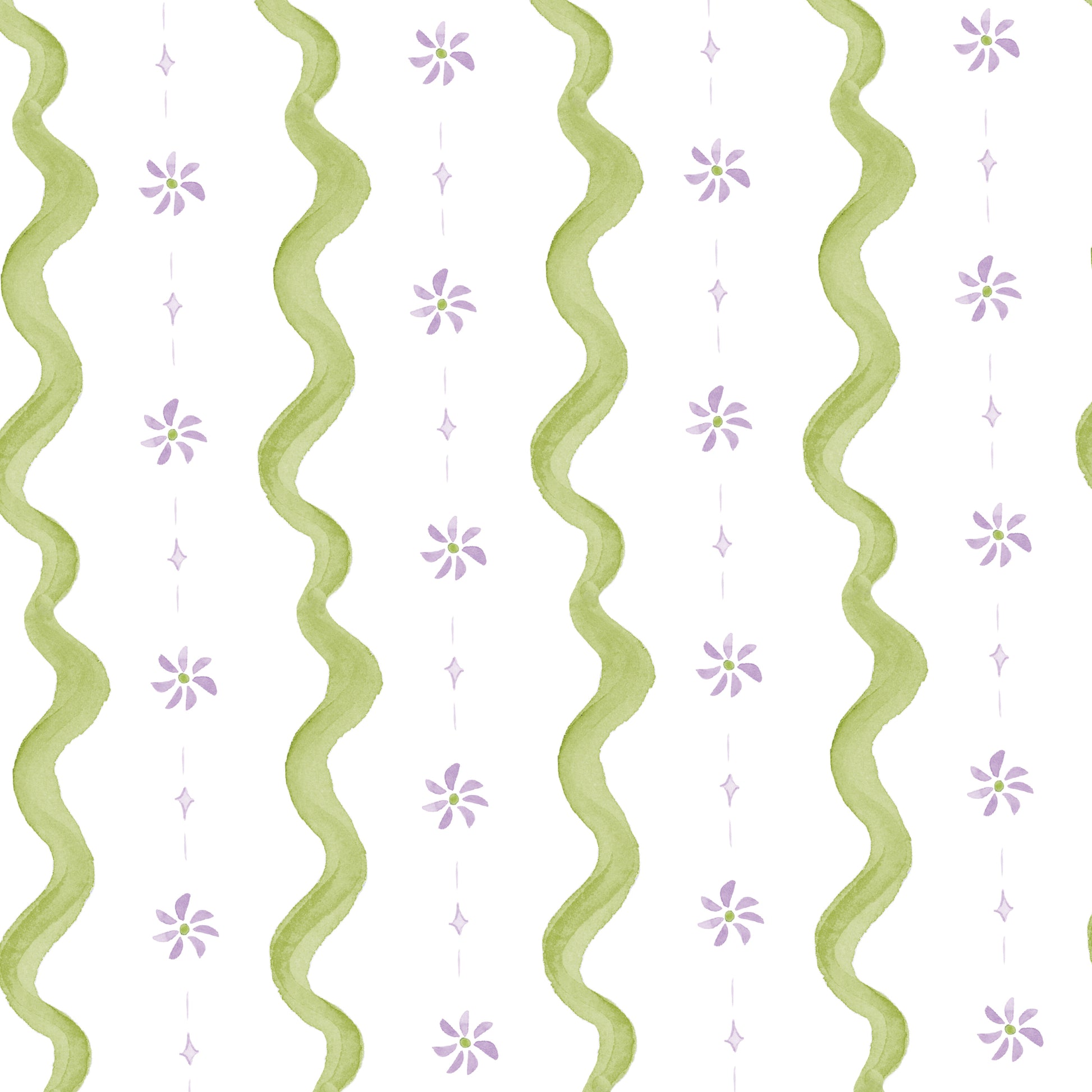 Decorative pattern with green wavy lines and small purple flowers on a white background