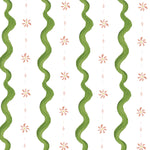 Pattern with green wavy lines and small pink flowers on a white background