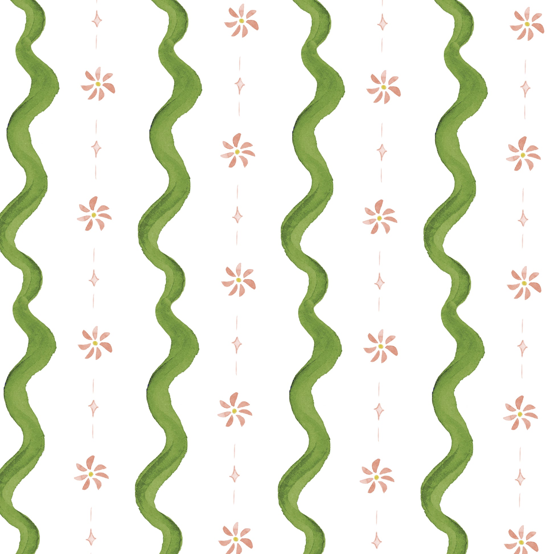 Pattern with green wavy lines and small pink flowers on a white background