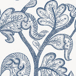 A close-up of a repeating botanical pattern featuring stylized leaves and abstract bird-like forms in dark blue line art on a white background.