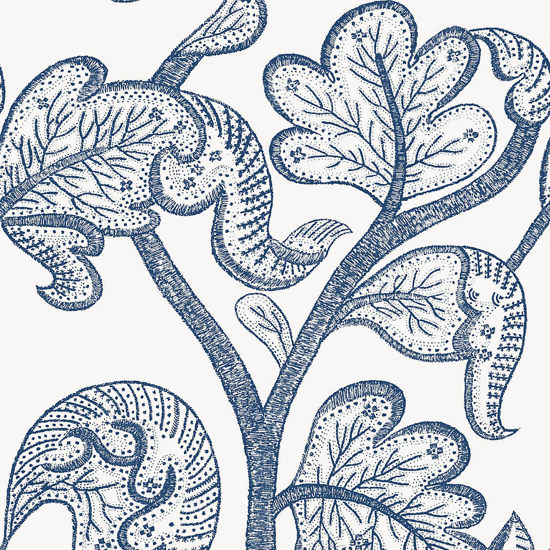 A close-up of a repeating botanical pattern featuring stylized leaves and abstract bird-like forms in dark blue line art on a white background.