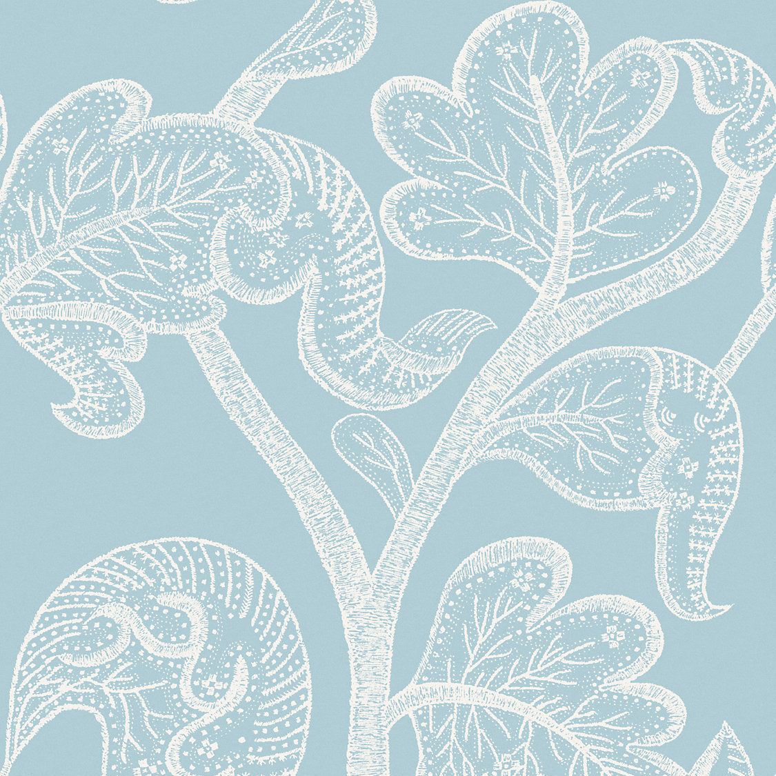 Light blue wallpaper featuring a delicate white botanical pattern of stylized leaves and branches with dotted and dashed line details.