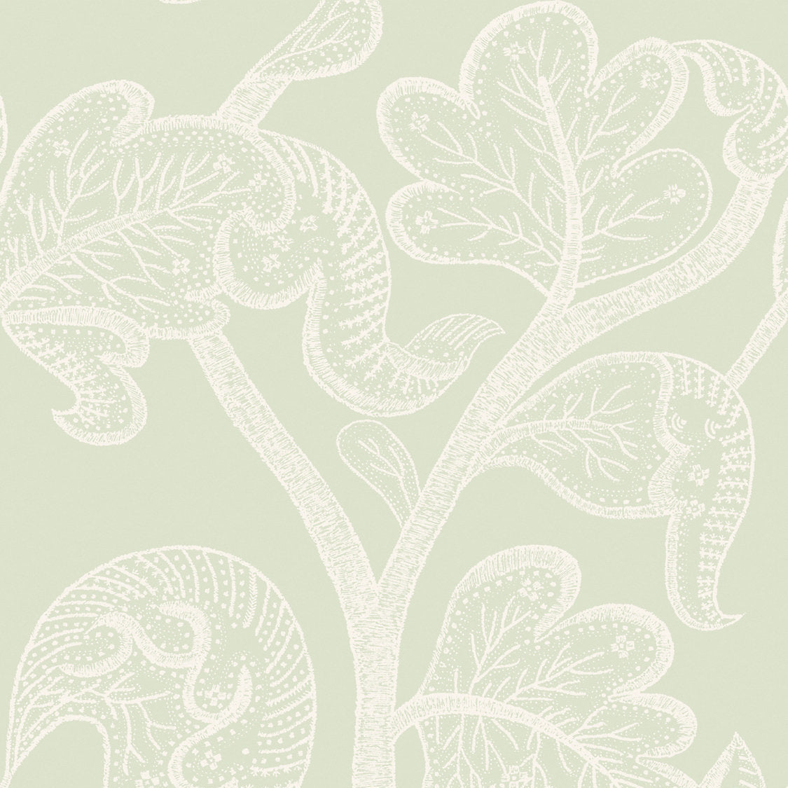 A close-up of a wallpaper pattern featuring a delicate, light cream botanical design with stylized leaves and swirling vine motifs on a soft sage green background.