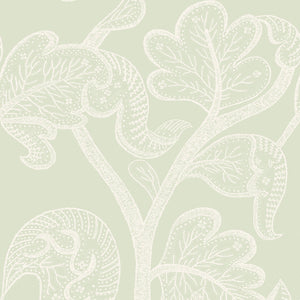 A close-up of a wallpaper pattern featuring a delicate, light cream botanical design with stylized leaves and swirling vine motifs on a soft sage green background.