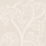 Beige wallpaper featuring a delicate, light cream botanical pattern of stylized leaves and branches.
