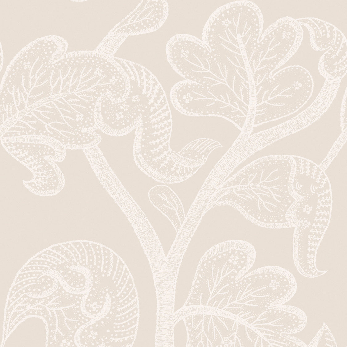 Beige wallpaper featuring a delicate, light cream botanical pattern of stylized leaves and branches.