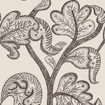A close-up of a repeating botanical pattern featuring stylized leaves and abstract bird-like forms in dark blue line art on a white background.