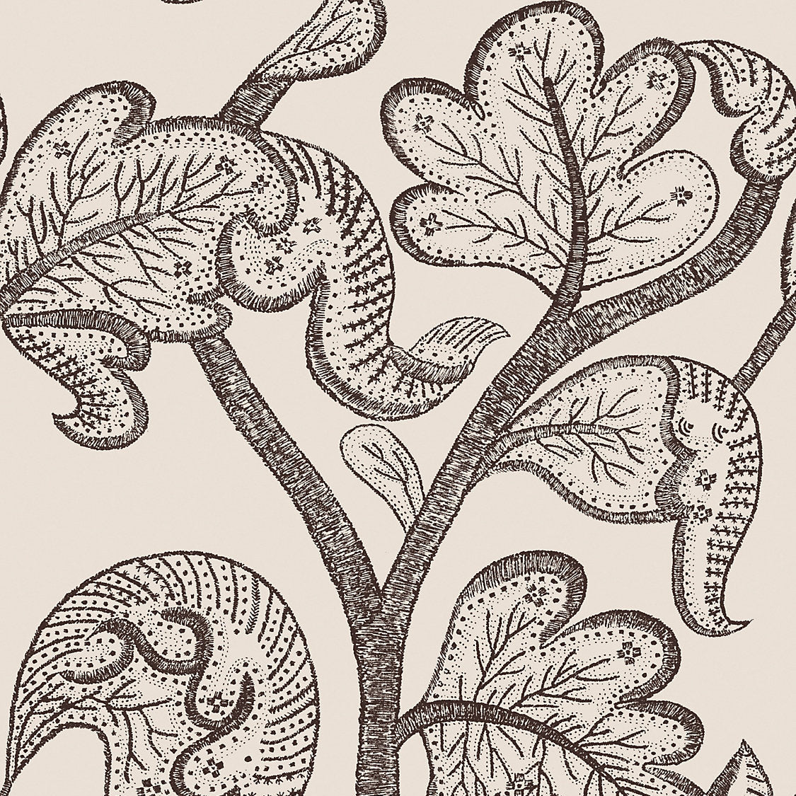 A close-up of a repeating botanical pattern featuring stylized leaves and abstract bird-like forms in dark blue line art on a white background.