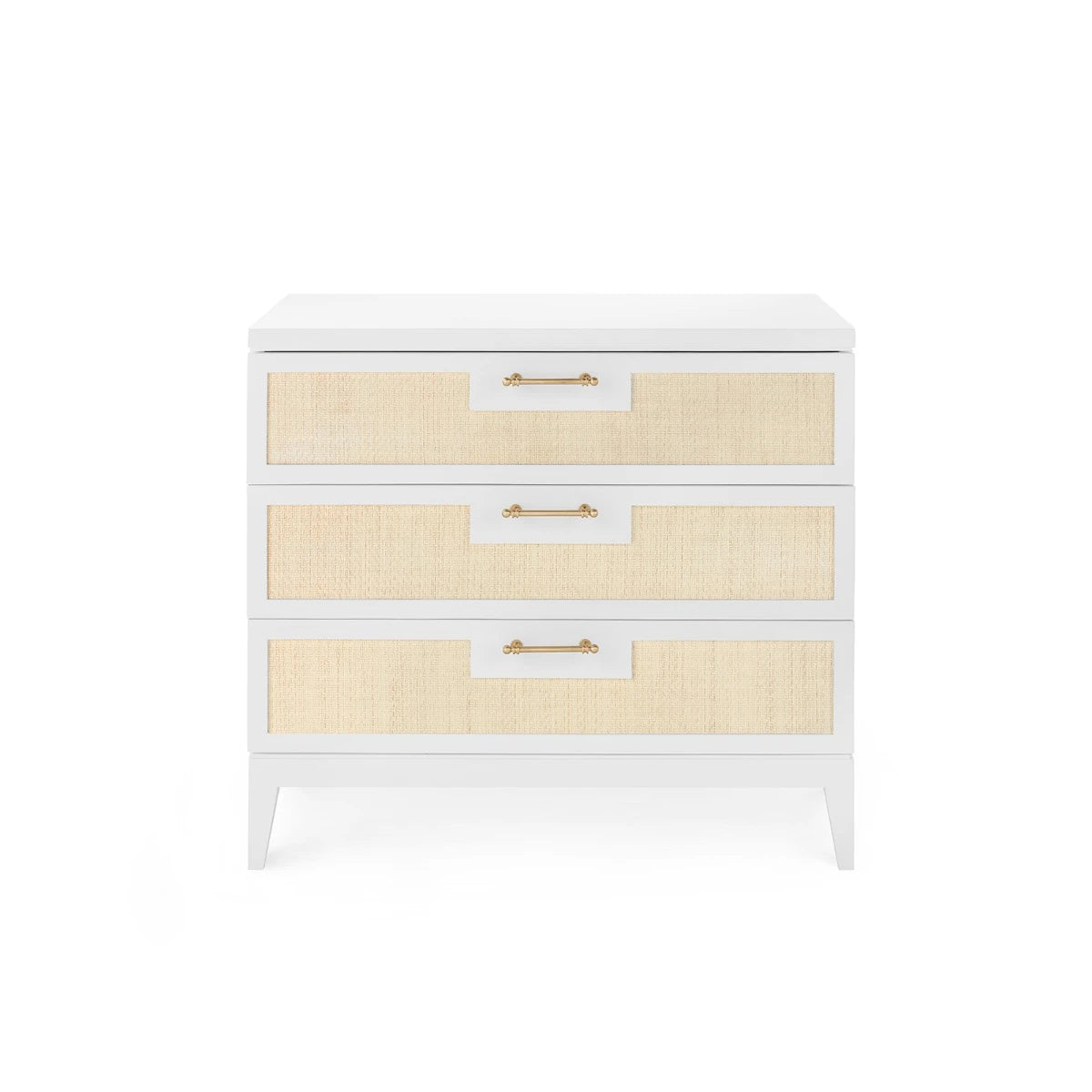 White dresser with beige woven drawers on a white background