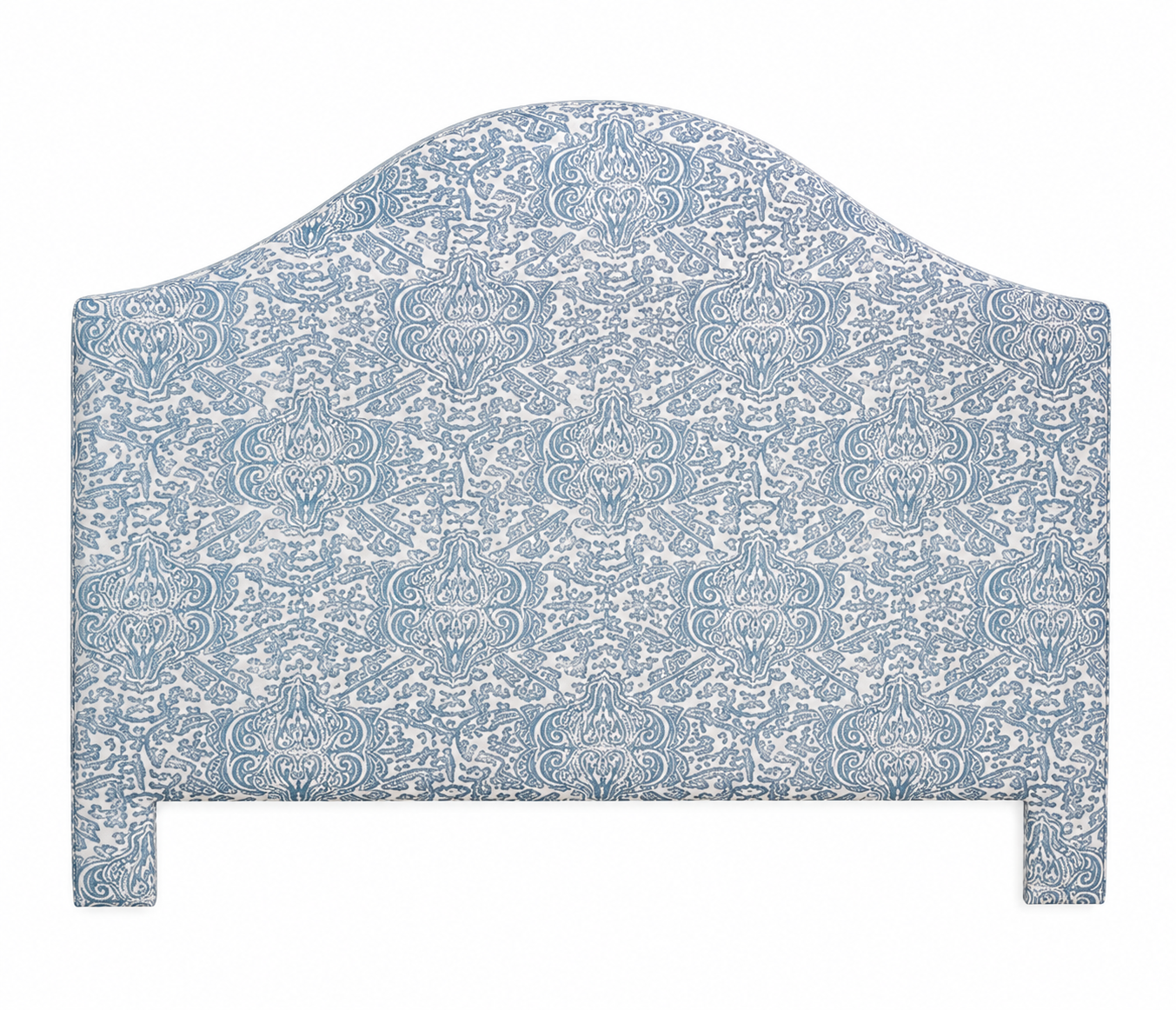 Decorative headboard with blue and white pattern on a white background