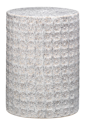 Round decorative stool with floral pattern on a white background