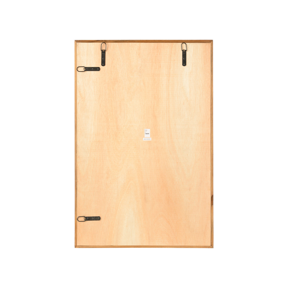 Wooden mirror back with a white label on a white background