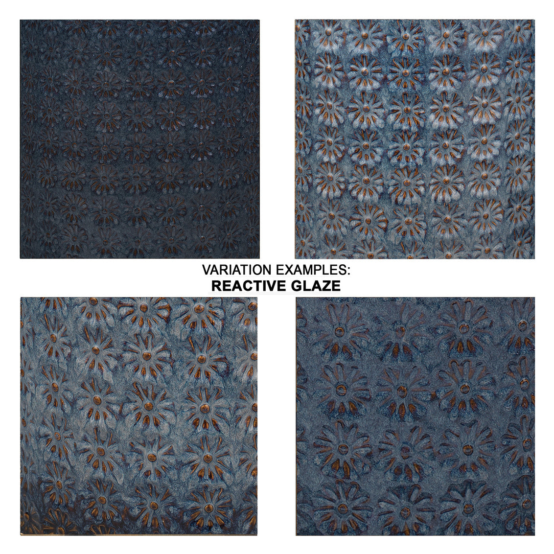 Four variations of a blue patterned surface with 'Reactive Glaze' text.