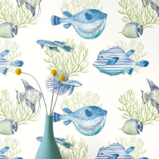 Watercolor-style wallpaper featuring blue fish and pale green coral on a white background, with a small teal vase and yellow flowers placed in front.