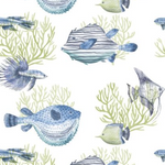 A repeating watercolor-style pattern of tropical fish and coral in soft blue, gray, and pale green on a white background.