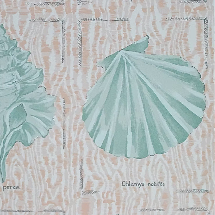 Two green seashells on a textured beige background